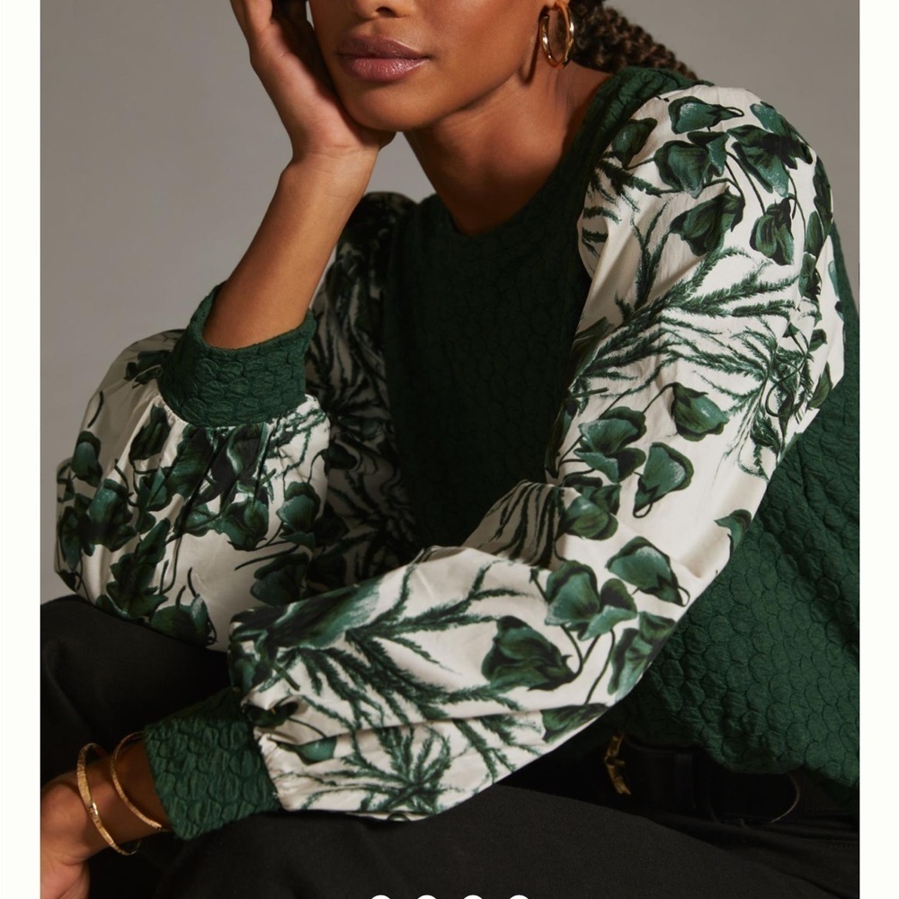 Anthropologie Porridge Sweatshirt Dark Green White Leaf Top Textured Sz XS